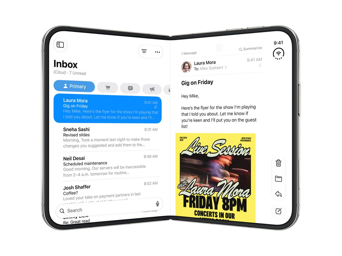 Apple iPhone Duo held open like a book showing the Mail app on two panes