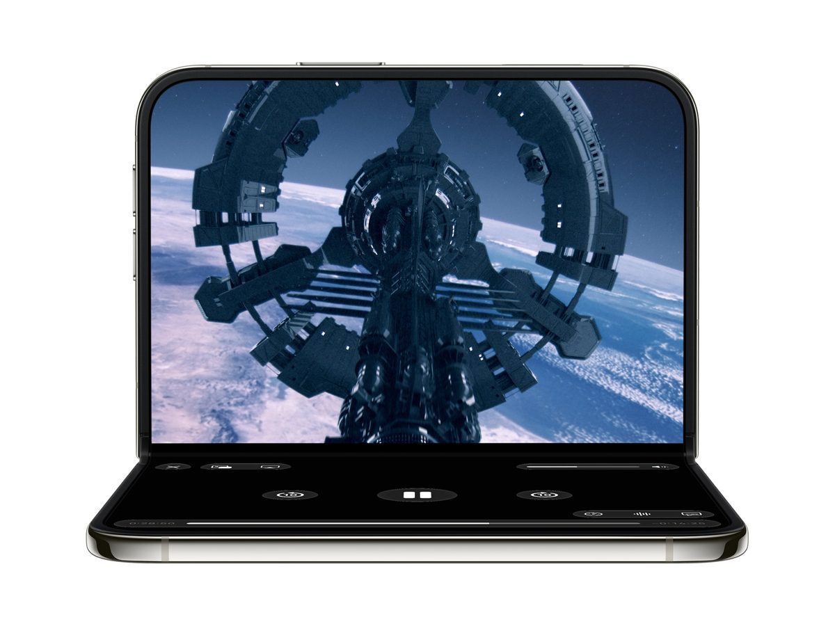 Apple iPhone Duo in laptop mode playing a video