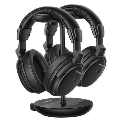 SIMOLIO Dual Wireless Headphones for TV for Seniors w/Clear Dialogue & Volume Boost, Transmitter & Charging Stand 2 in 1, Over-Ear, Spare Battery (SM-