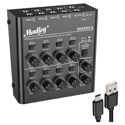 Moukey Mini Audio Mixer Line Mixer,DC 5V, 8-Stereo Ultra/Low-Noise 8-Channel for Sub-Mixing, Ideal for Small Clubs or Bars. As Microphones, Guitars, B