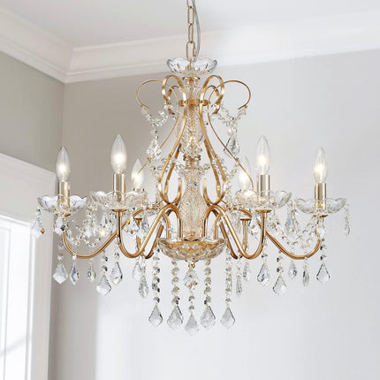 Saint Mossi 6 Light Crystal Chandelier Light Fixture Modern Chandelier Crystal Lighting, French Gold Crystal Raindrop Chandelier for Dining Room,Bedro