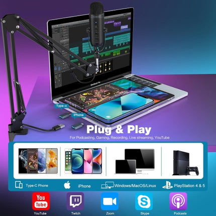 ZeaLSound Gaming Microphone Kit,Podcast Condenser USB Mic (Boom Arm,Supercardioid Microphone with Mute Button,Echo Volume Gain Knob)