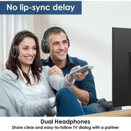 SIMOLIO Dual Wireless Headphones for TV for Seniors w/Clear Dialogue & Volume Boost, Transmitter & Charging Stand 2 in 1, Over-Ear, Spare Battery (SM-