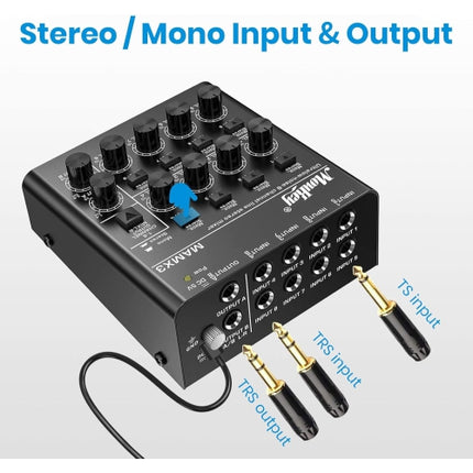 Moukey Mini Audio Mixer Line Mixer,DC 5V, 8-Stereo Ultra/Low-Noise 8-Channel for Sub-Mixing, Ideal for Small Clubs or Bars. As Microphones, Guitars, B