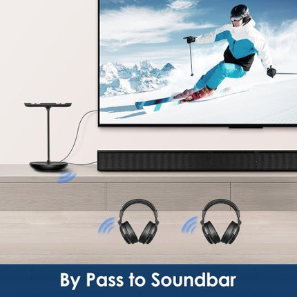 SIMOLIO Dual Wireless Headphones for TV for Seniors w/Clear Dialogue & Volume Boost, Transmitter & Charging Stand 2 in 1, Over-Ear, Spare Battery (SM-