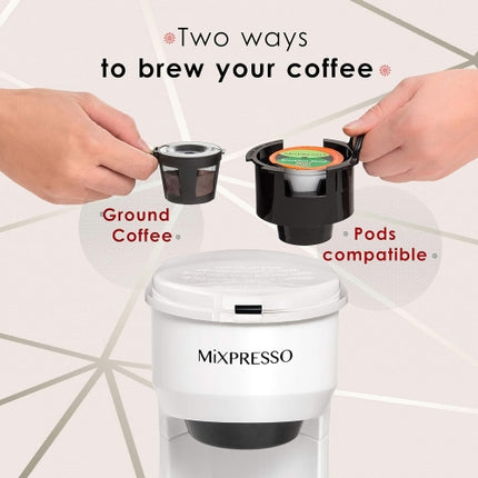 Mixpresso 2 in 1 Coffee Brewer, K-Cup 14oz Single Serve Coffee Maker - White