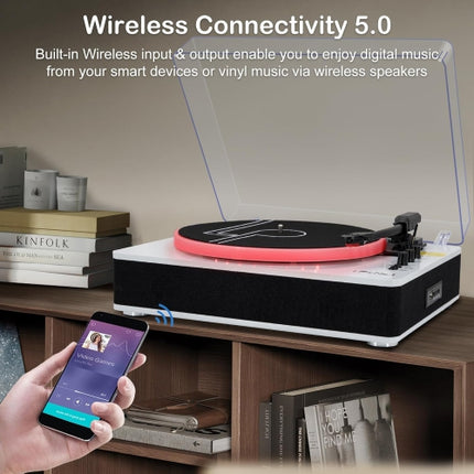 LP&No.1 Record Player with Built-in Stereo Speakers,LED Control,3-Speed Belt-Drive Vinyl Turntable with USB Playback & Recording,Wireless BT Input & O