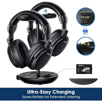 SIMOLIO Dual Wireless Headphones for TV for Seniors w/Clear Dialogue & Volume Boost, Transmitter & Charging Stand 2 in 1, Over-Ear, Spare Battery (SM-