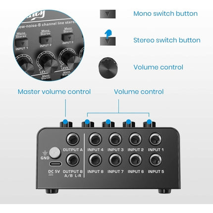 Moukey Mini Audio Mixer Line Mixer,DC 5V, 8-Stereo Ultra/Low-Noise 8-Channel for Sub-Mixing, Ideal for Small Clubs or Bars. As Microphones, Guitars, B