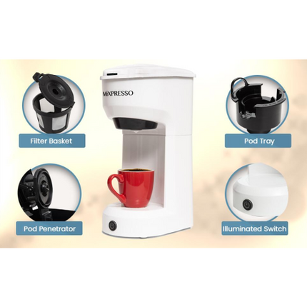 Mixpresso 2 in 1 Coffee Brewer, K-Cup 14oz Single Serve Coffee Maker - White