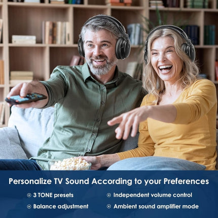 SIMOLIO Dual Wireless Headphones for TV for Seniors w/Clear Dialogue & Volume Boost, Transmitter & Charging Stand 2 in 1, Over-Ear, Spare Battery (SM-