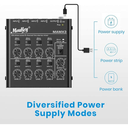 Moukey Mini Audio Mixer Line Mixer,DC 5V, 8-Stereo Ultra/Low-Noise 8-Channel for Sub-Mixing, Ideal for Small Clubs or Bars. As Microphones, Guitars, B