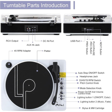 LP&No.1 Record Player with Built-in Stereo Speakers,LED Control,3-Speed Belt-Drive Vinyl Turntable with USB Playback & Recording,Wireless BT Input & O