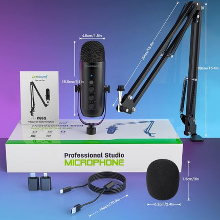 ZeaLSound Gaming Microphone Kit,Podcast Condenser USB Mic (Boom Arm,Supercardioid Microphone with Mute Button,Echo Volume Gain Knob)