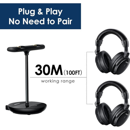 SIMOLIO Dual Wireless Headphones for TV for Seniors w/Clear Dialogue & Volume Boost, Transmitter & Charging Stand 2 in 1, Over-Ear, Spare Battery (SM-