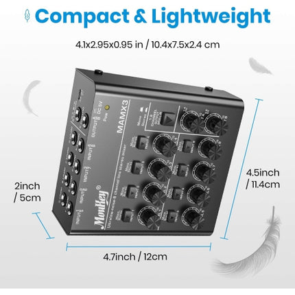 Moukey Mini Audio Mixer Line Mixer,DC 5V, 8-Stereo Ultra/Low-Noise 8-Channel for Sub-Mixing, Ideal for Small Clubs or Bars. As Microphones, Guitars, B