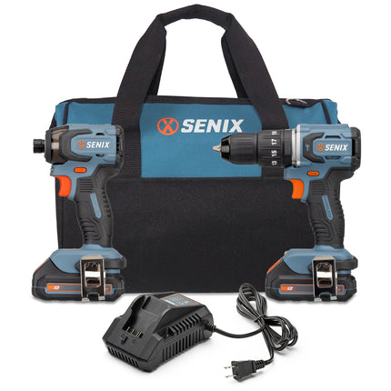 SENIX X2 20V Max* Cordless Power Tool Set — 1/2-Inch Cordless Hammer Drill/Driver, 1/4-Inch Cordless Impact Driver Drill