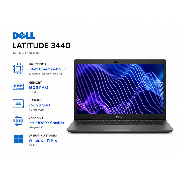 Refurbished Good - Dell Latitude 3440 14" Business Laptop - Intel Core i5-1335U - 16GB DDR4 - 256GB SSD - Windows 11 Pro - Grey