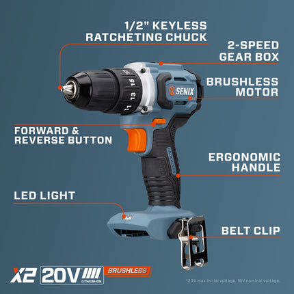 SENIX X2 20V Max* 1/2-Inch Cordless Drill/Driver, Brushless Motor, 540ft-lbs of Max Torque, 2000 RPM Max, 2-Speed, Batte