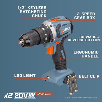 SENIX X2 20V Max* 1/2-Inch Cordless Hammer Drill/Driver, Brushless Motor Driver, Includes 2.0 Ah Battery and Charger (PD