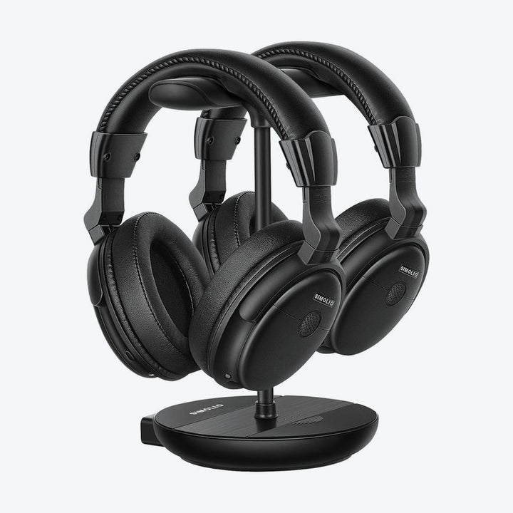 SIMOLIO Dual Wireless Headphones for TV for Seniors w/Clear Dialogue & Volume Boost, Transmitter & Charging Stand 2 in 1, Over-Ear, Spare Battery (SM-