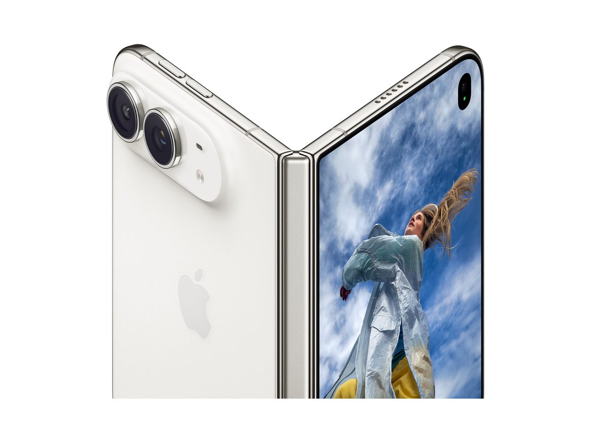 Apple iPhone Duo folded at an angle showing the titanium frame and rear cameras