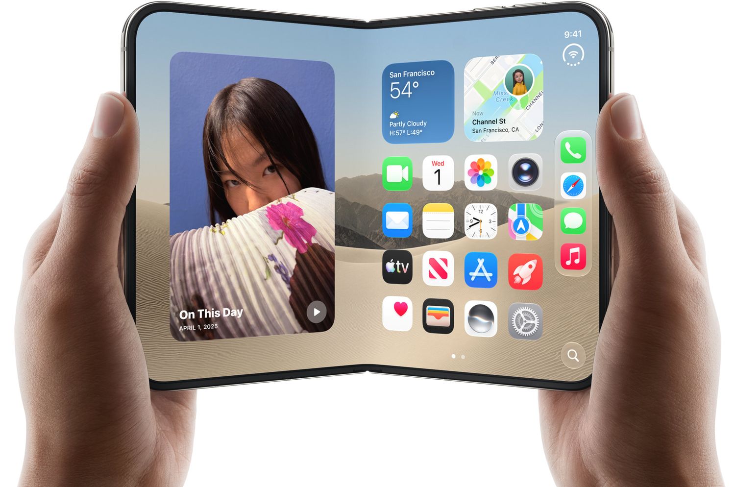 Hands holding an open Apple iPhone Duo showing the home screen